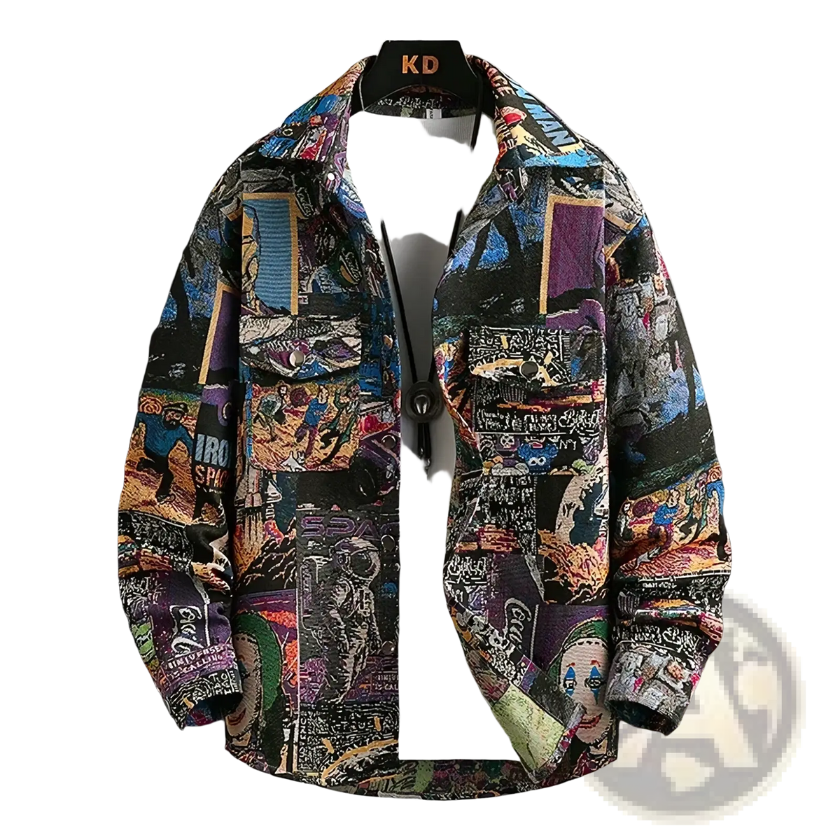 Men casual plaid print shirt featuring a vibrant multicolored patchwork jacket with comic book and street art designs