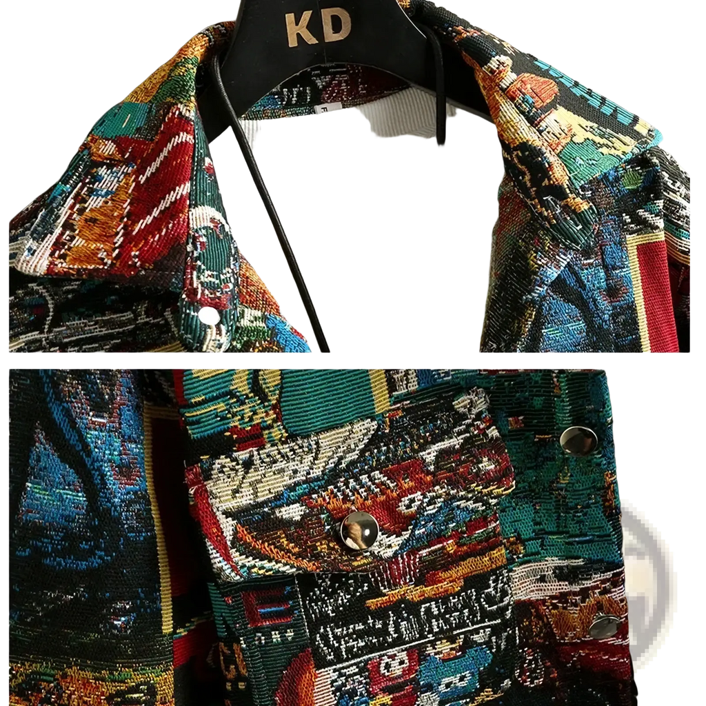 Men casual streetwear tapestry jacket with vibrant multicolored cityscape patterns and metallic button accents