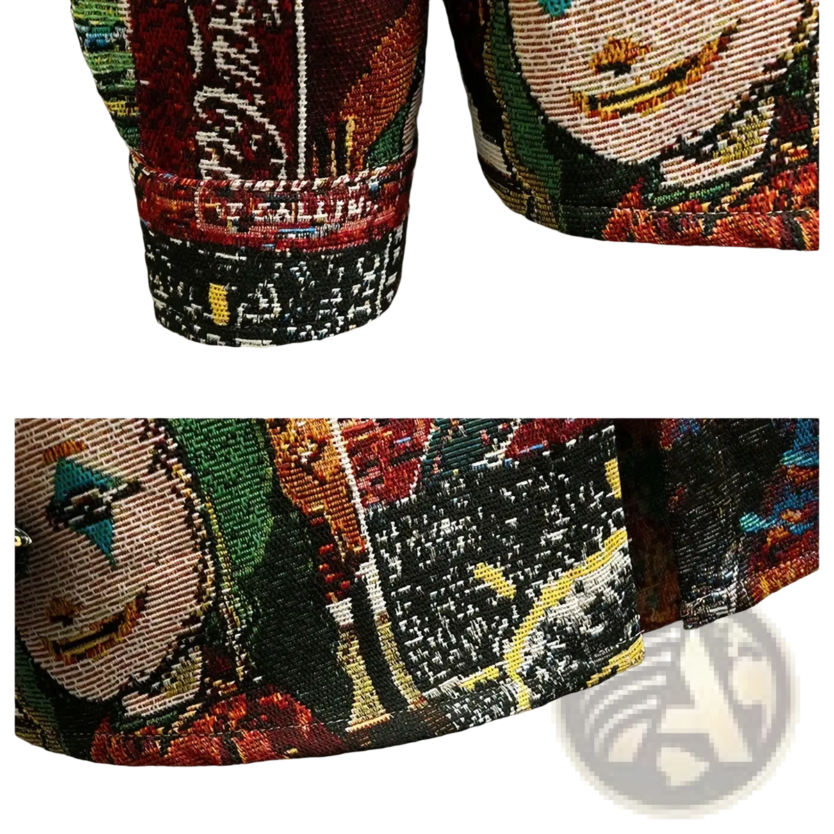 Men casual plaid print shirt paired with vibrant tapestry-patterned shorts in rich reds green and gold tones