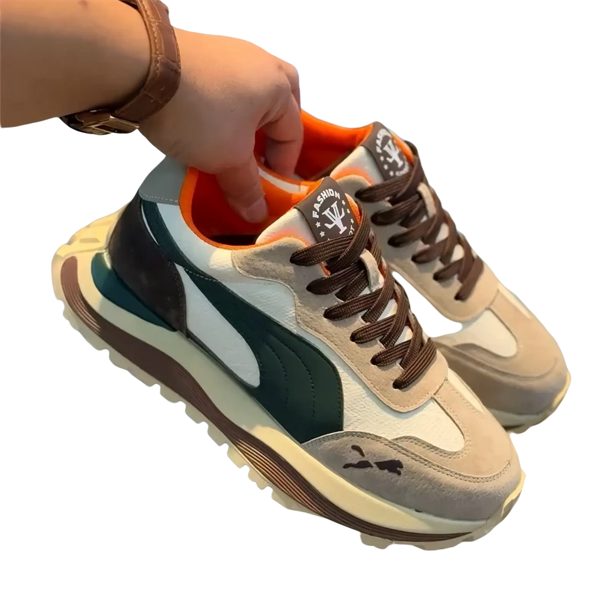 Men casual platform sneakers in beige and green suede with brown laces white midsole and orange interior lining
