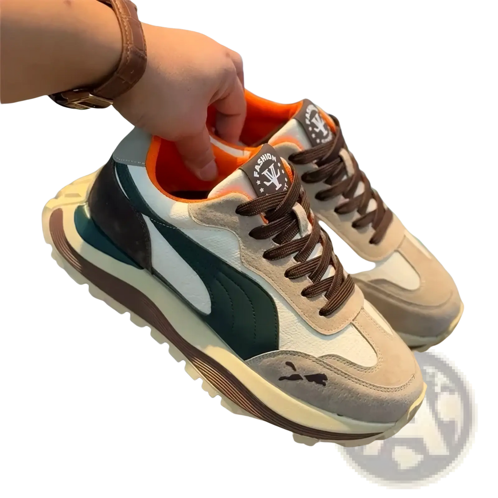 Men casual platform sneakers in beige and green suede with brown laces white midsole and orange interior lining