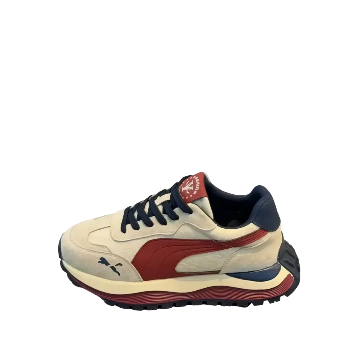 Men casual platform sneakers in beige and red puma design with navy accents for stylish daily wear