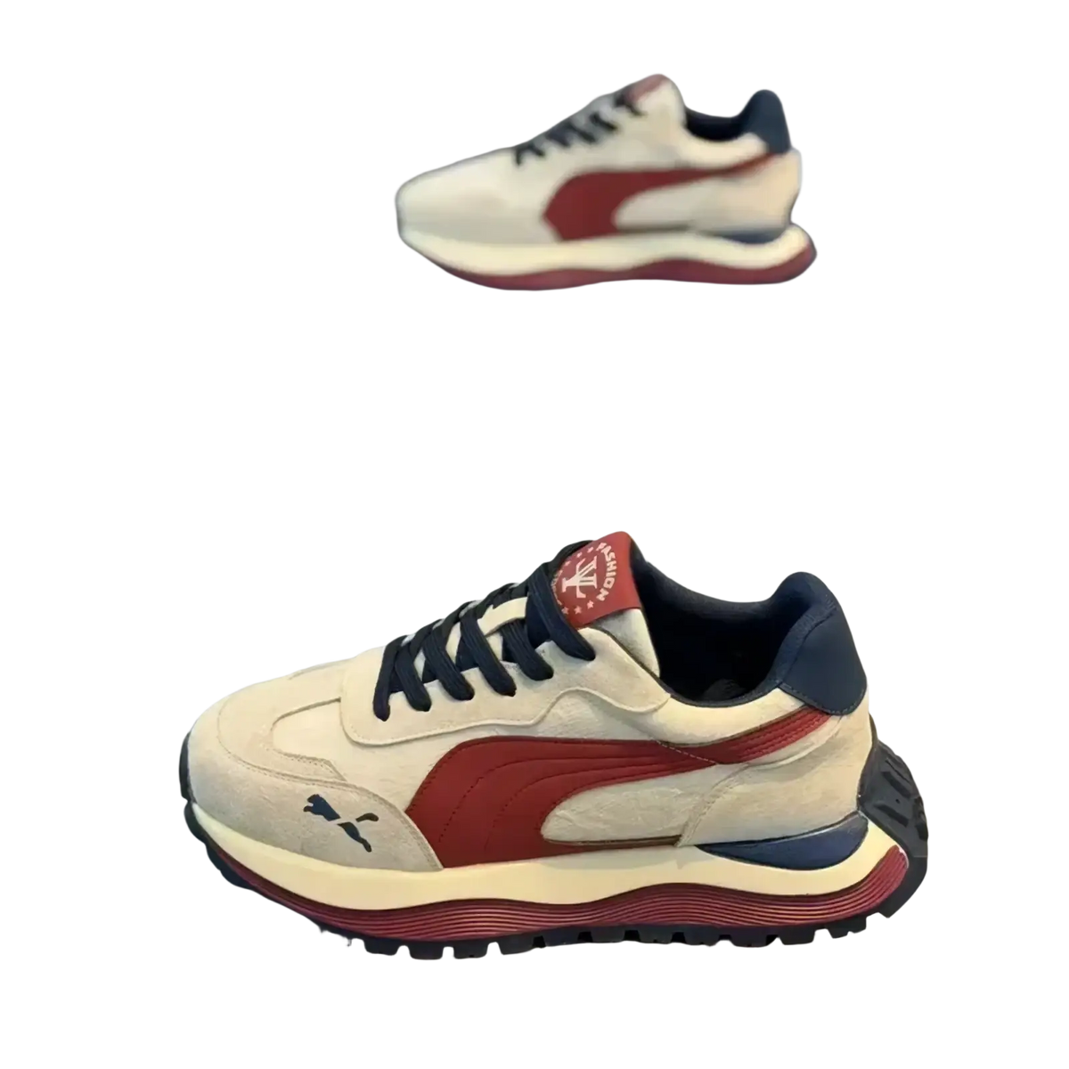 Men casual platform sneakers with cream red and navy suede upper and chunky rubber sole for everyday wear