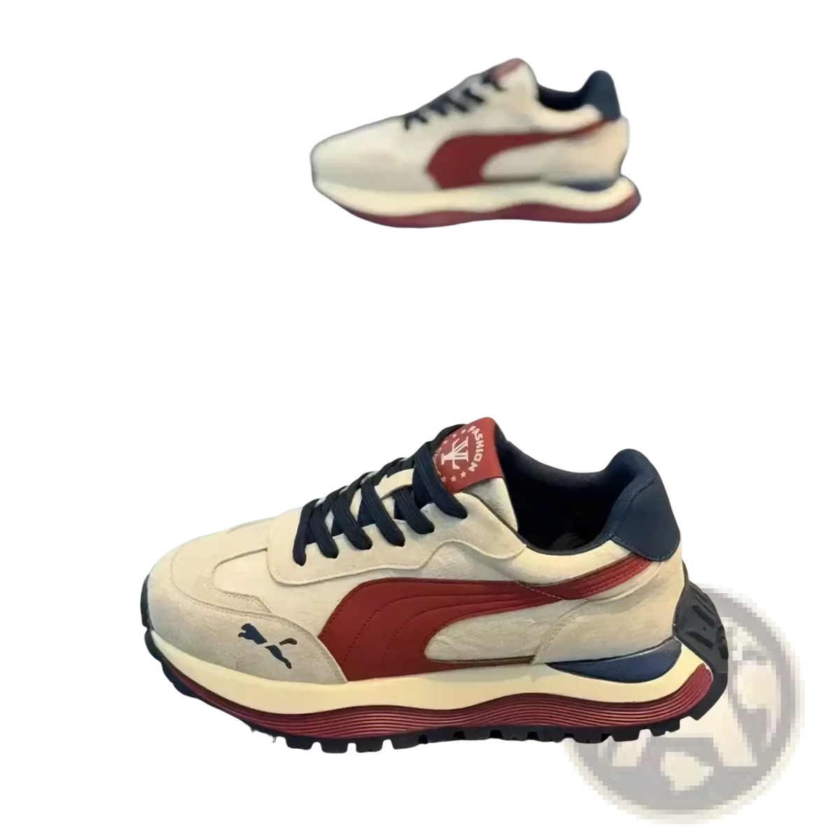 Men casual platform sneakers with cream red and navy suede upper and chunky rubber sole for everyday wear