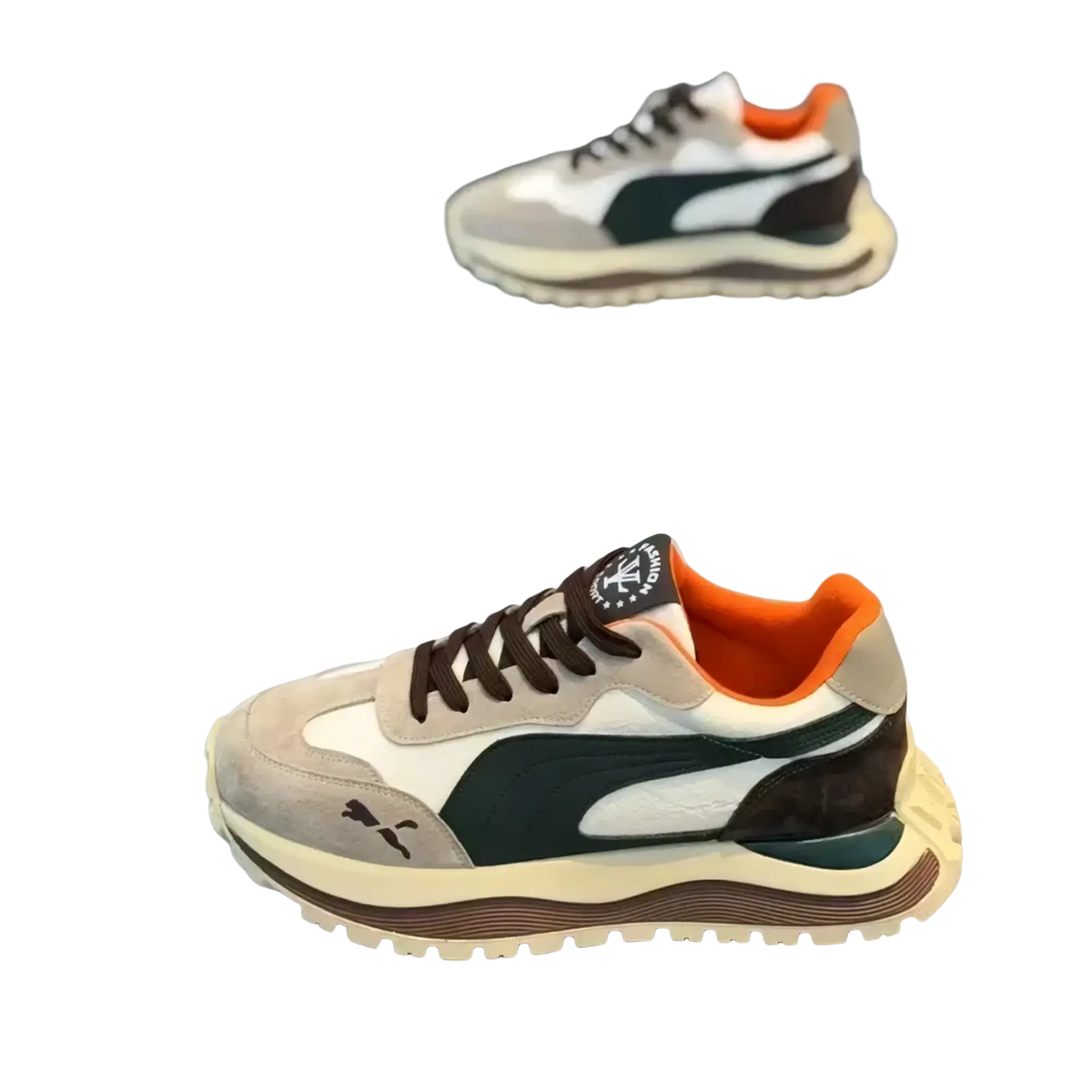 Men casual platform sneakers by Puma in beige white and dark green with suede and mesh materials