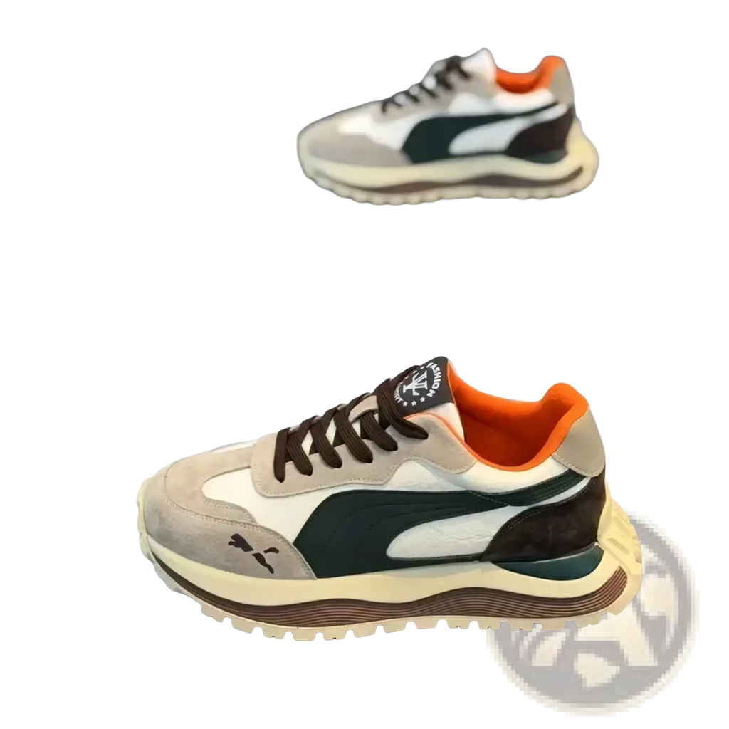 Men casual platform sneakers by Puma in beige white and dark green with suede and mesh materials