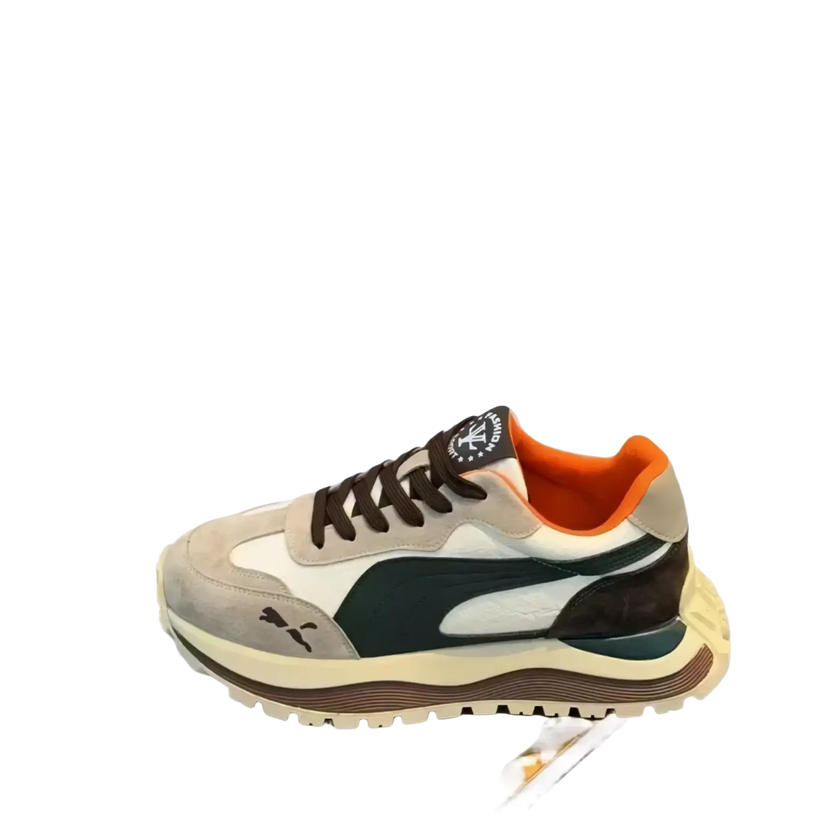 Men casual platform sneakers by Puma in beige white and dark green suede and mesh materials displayed from the back side
