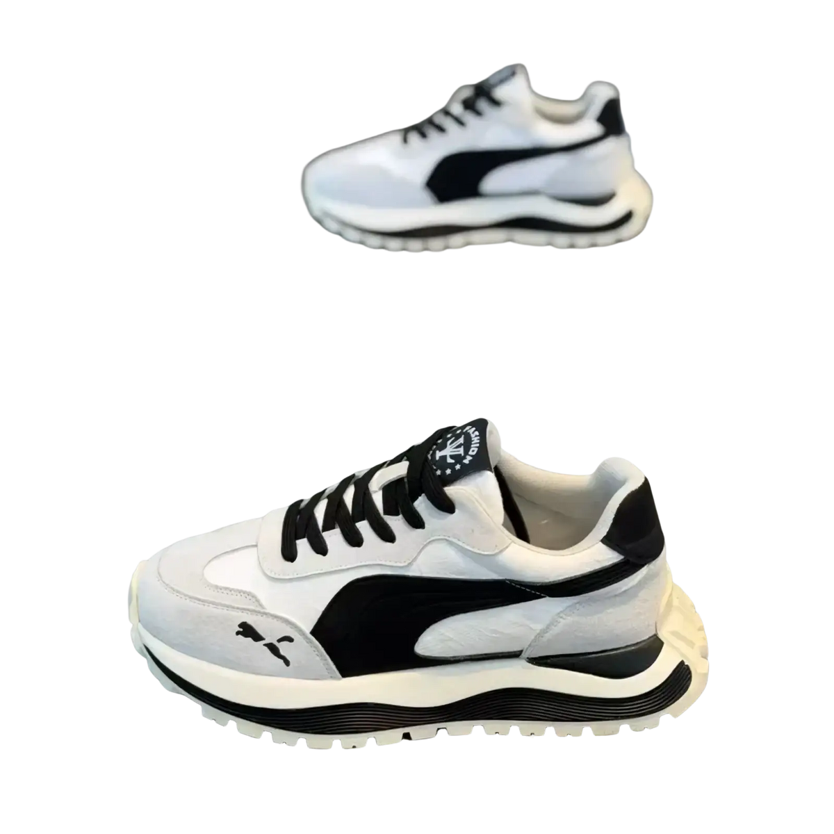 Men casual platform sneakers in white and black with chunky sole design for everyday wear