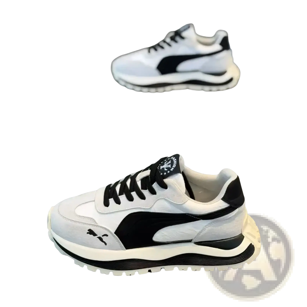 Men casual platform sneakers in white and black with chunky sole design for everyday wear