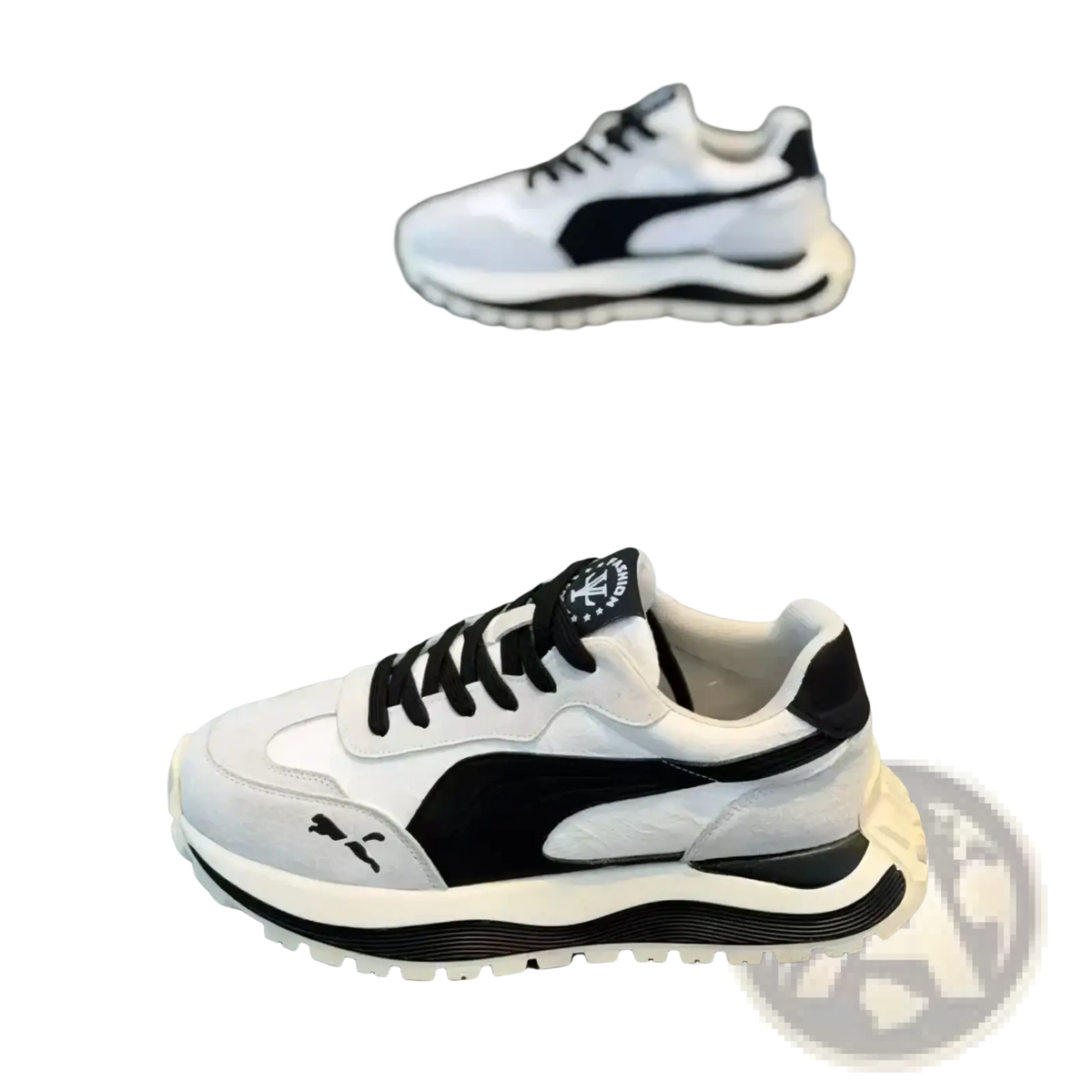 Men casual platform sneakers in white and black with chunky sole design for everyday wear