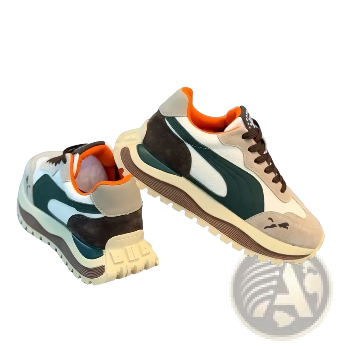 Men casual platform sneakers in white green and brown with suede trim and orange lining for everyday wear
