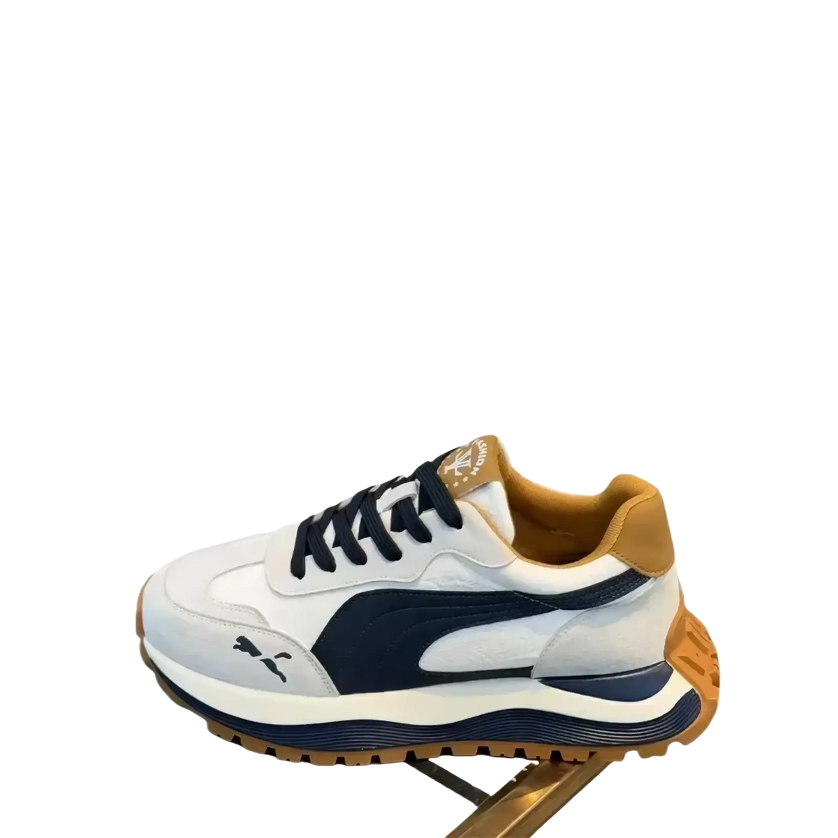 Men casual platform sneakers white and navy blue puma sneaker with tan accents on heel tab tongue and outsole