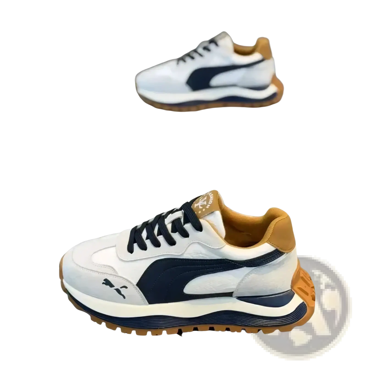 Men casual platform sneakers in white navy blue puma design with tan accents on heel and sole shown from the back