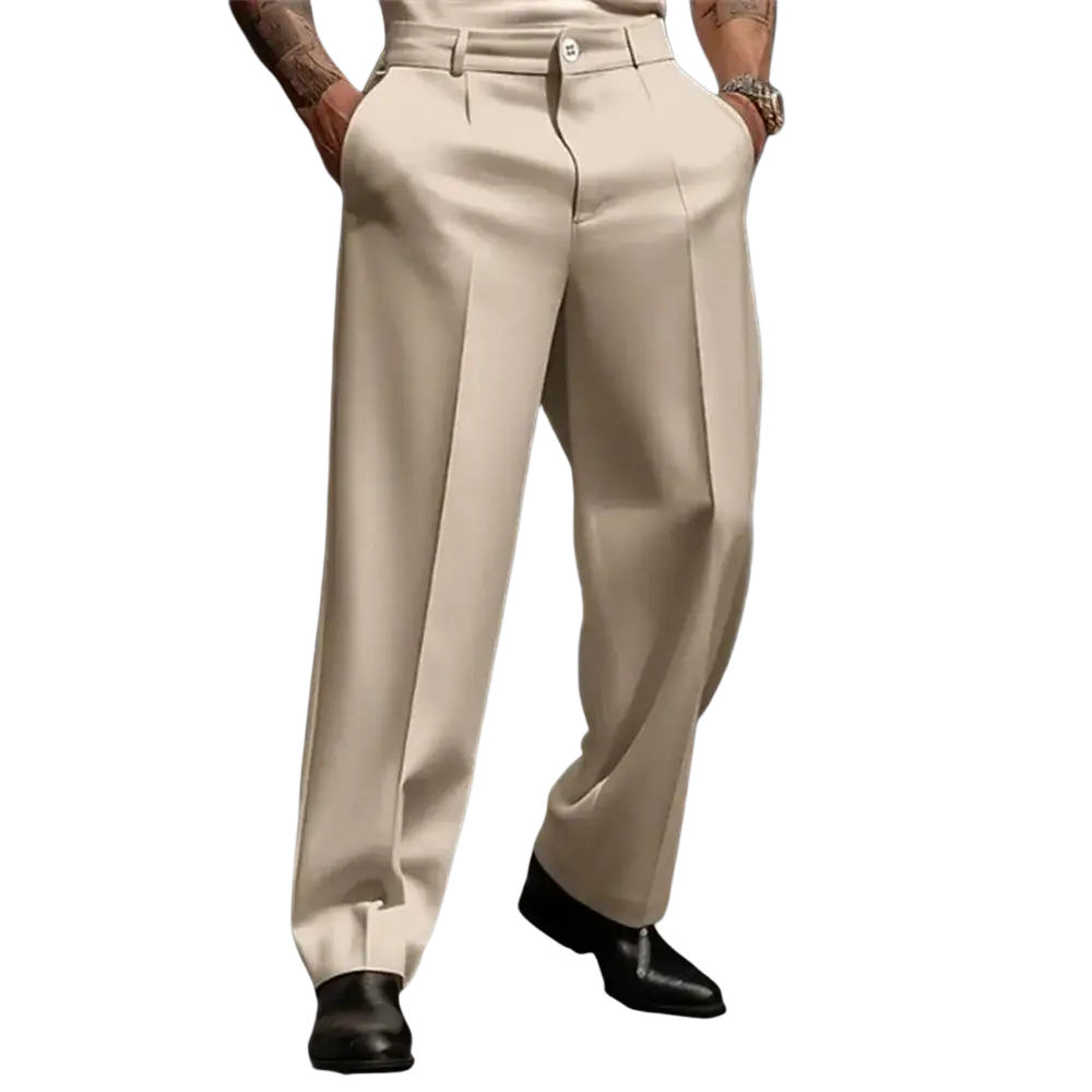 Men casual pleated suit pants in cream color featuring tailored pleats and a sleek modern cut for formal wear