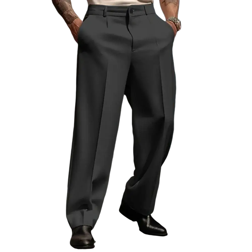 Men casual pleated suit pants in dark gray with tailored sleek modern cut and subtle pleats at the waist