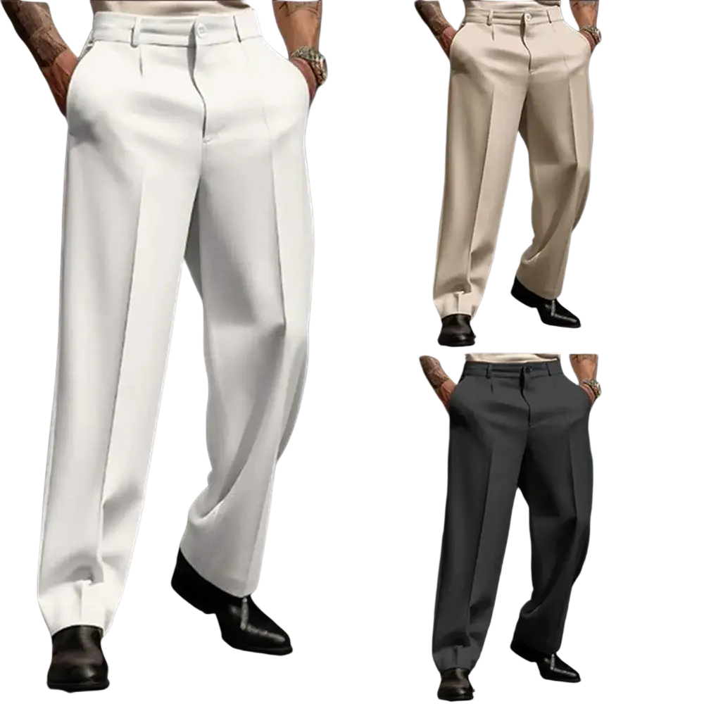 Men casual pleated suit pants in white cream and gray wide-leg smooth fabric for formal and casual wear
