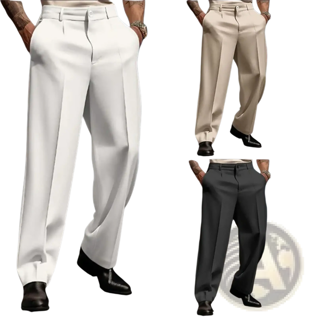 Men casual pleated suit pants in white cream and gray wide-leg smooth fabric for formal and casual wear