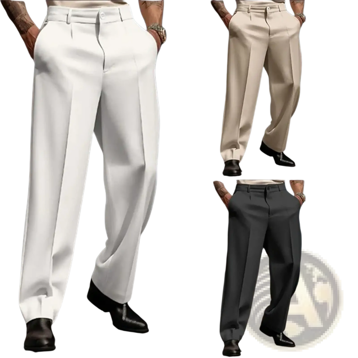 Men casual pleated suit pants in white cream and gray wide-leg smooth fabric for formal and casual wear