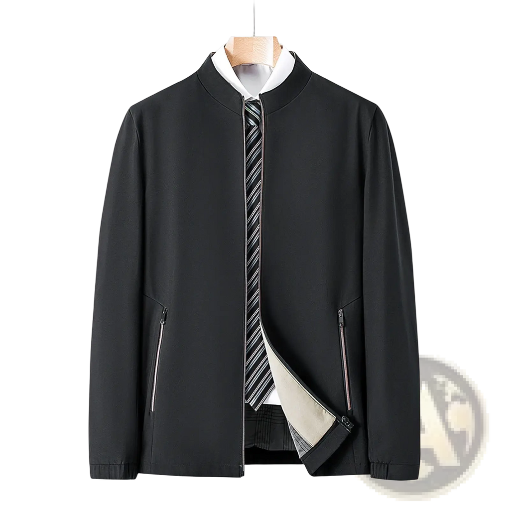 Men casual polo bomber jacket in black with white inner collar striped tie detail and zippered side pockets