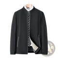 Men casual polo bomber jacket in black with white inner collar striped tie detail and zippered side pockets