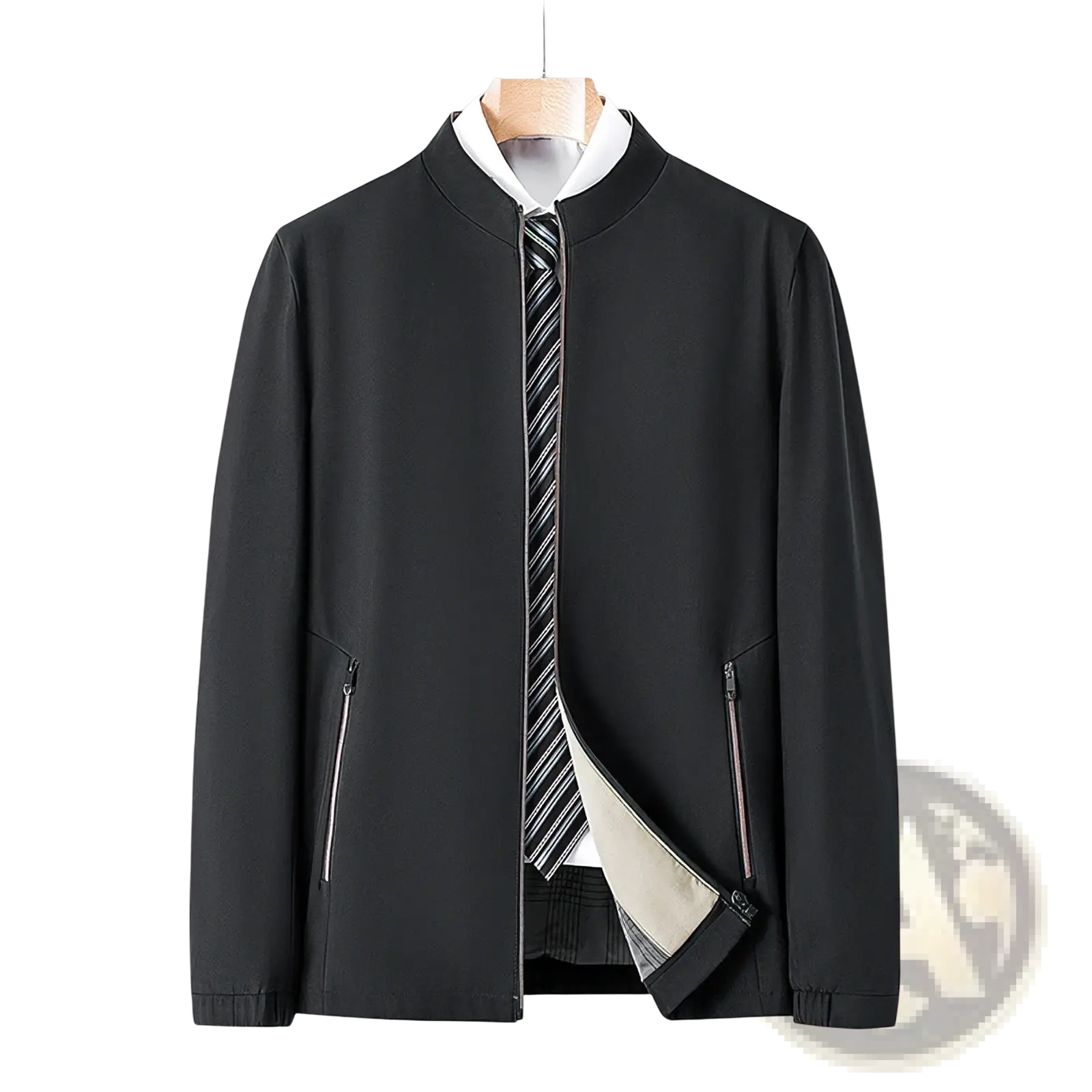 Men casual polo bomber jacket in black with white inner collar striped tie detail and zippered side pockets