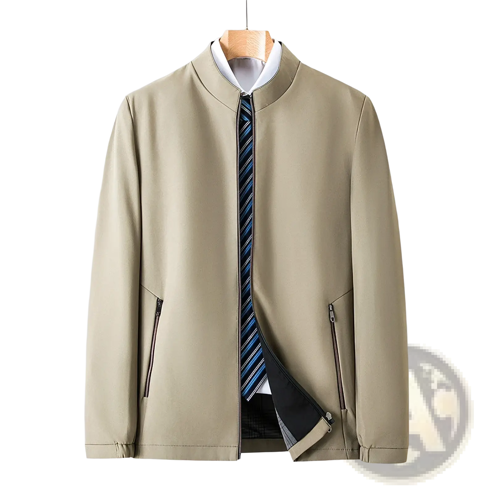 Men casual polo bomber jacket in beige with stand-up collar front zipper and two side zip pockets