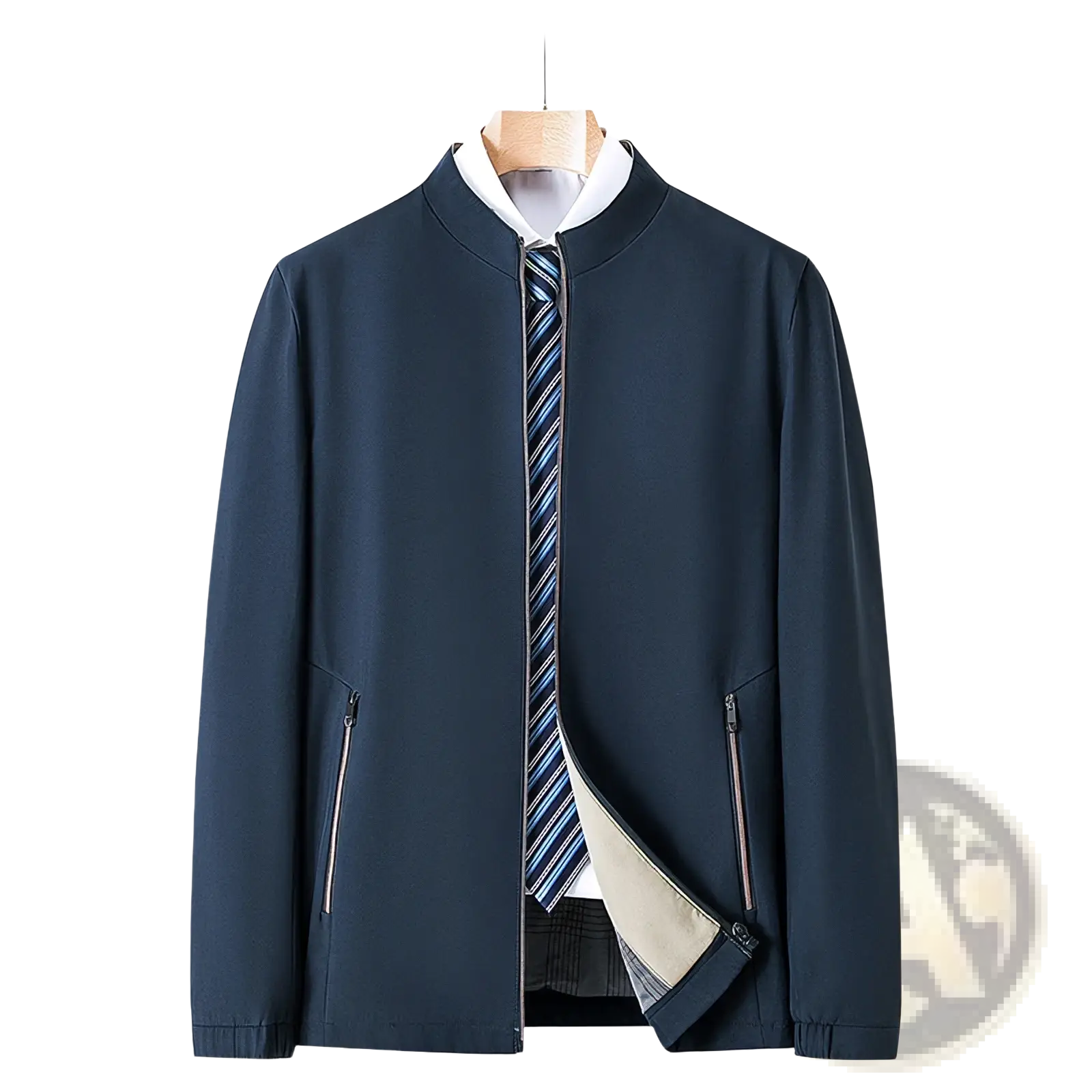 Men casual polo bomber jacket in navy blue with white inner collar and striped tie visible underneath