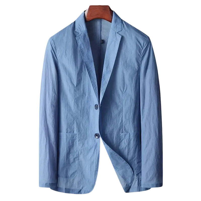 Light blue polyester men blazer coat suit with relaxed fit and two front buttons for casual wear