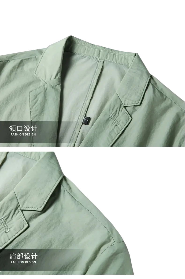 Light green polyester men casual blazer coat suit with structured collar and shoulder design for male use