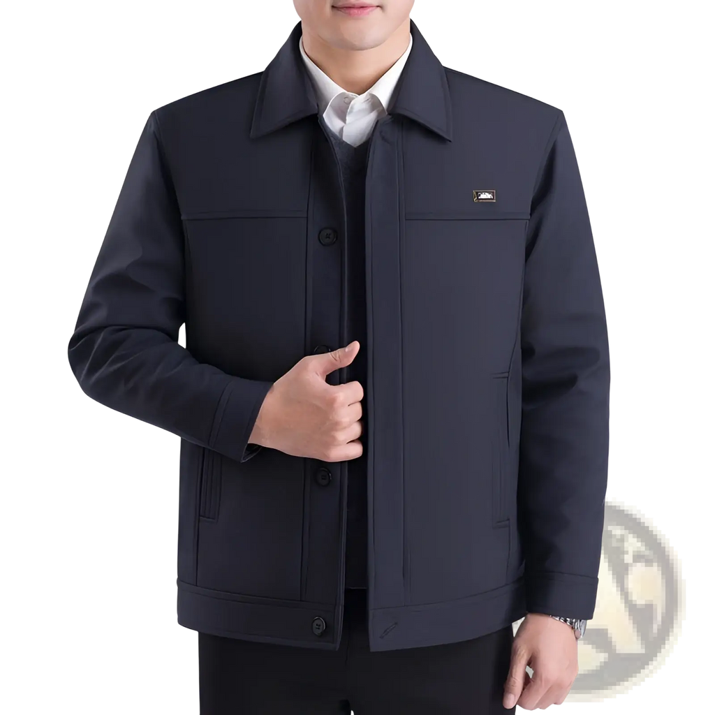 Men casual quilted jacket in dark navy blue with structured collar and front button closure for autumn outerwear