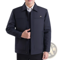 Men casual quilted jacket in dark navy blue with structured collar and front button closure for autumn outerwear
