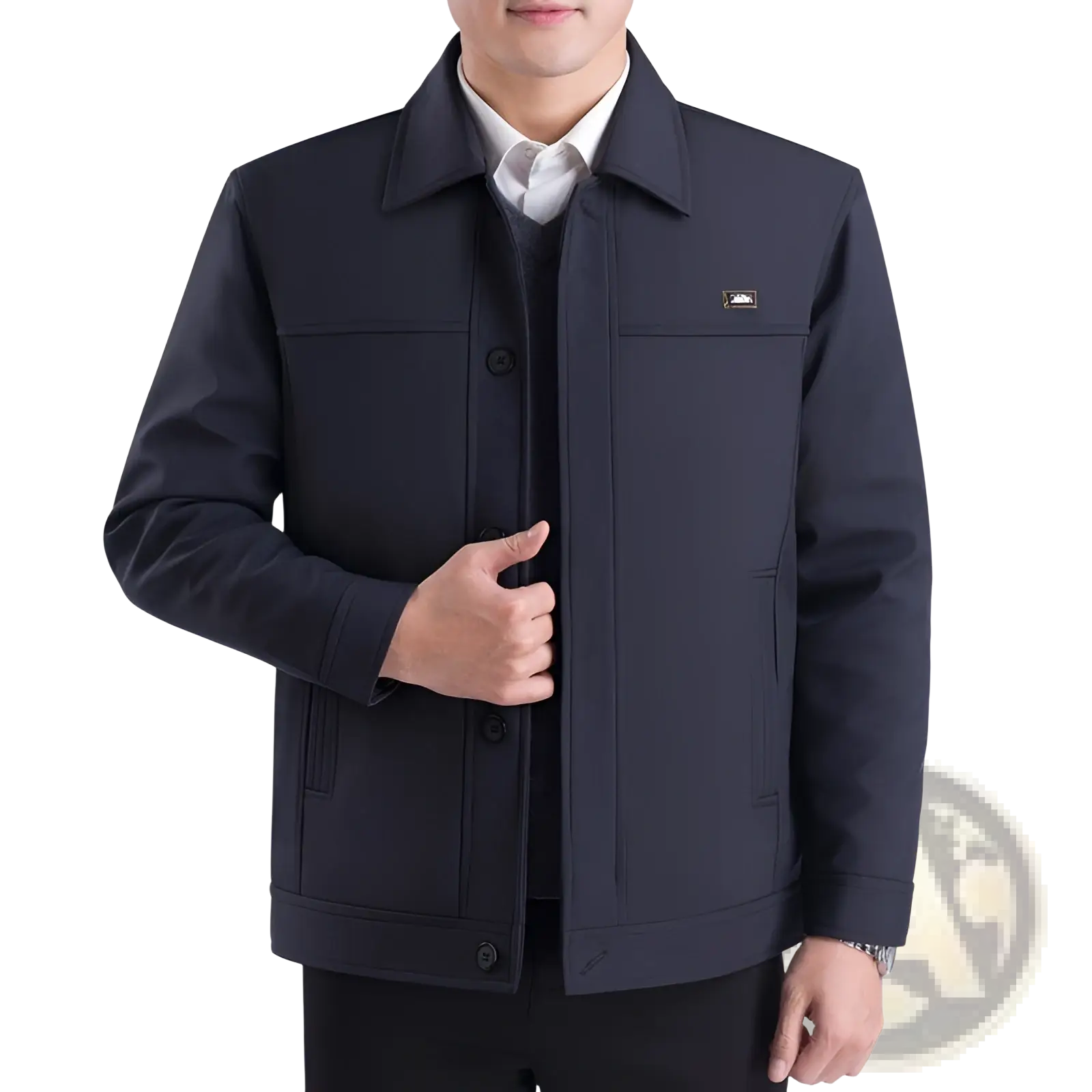 Men casual quilted jacket in dark navy blue with structured collar and front button closure for autumn outerwear