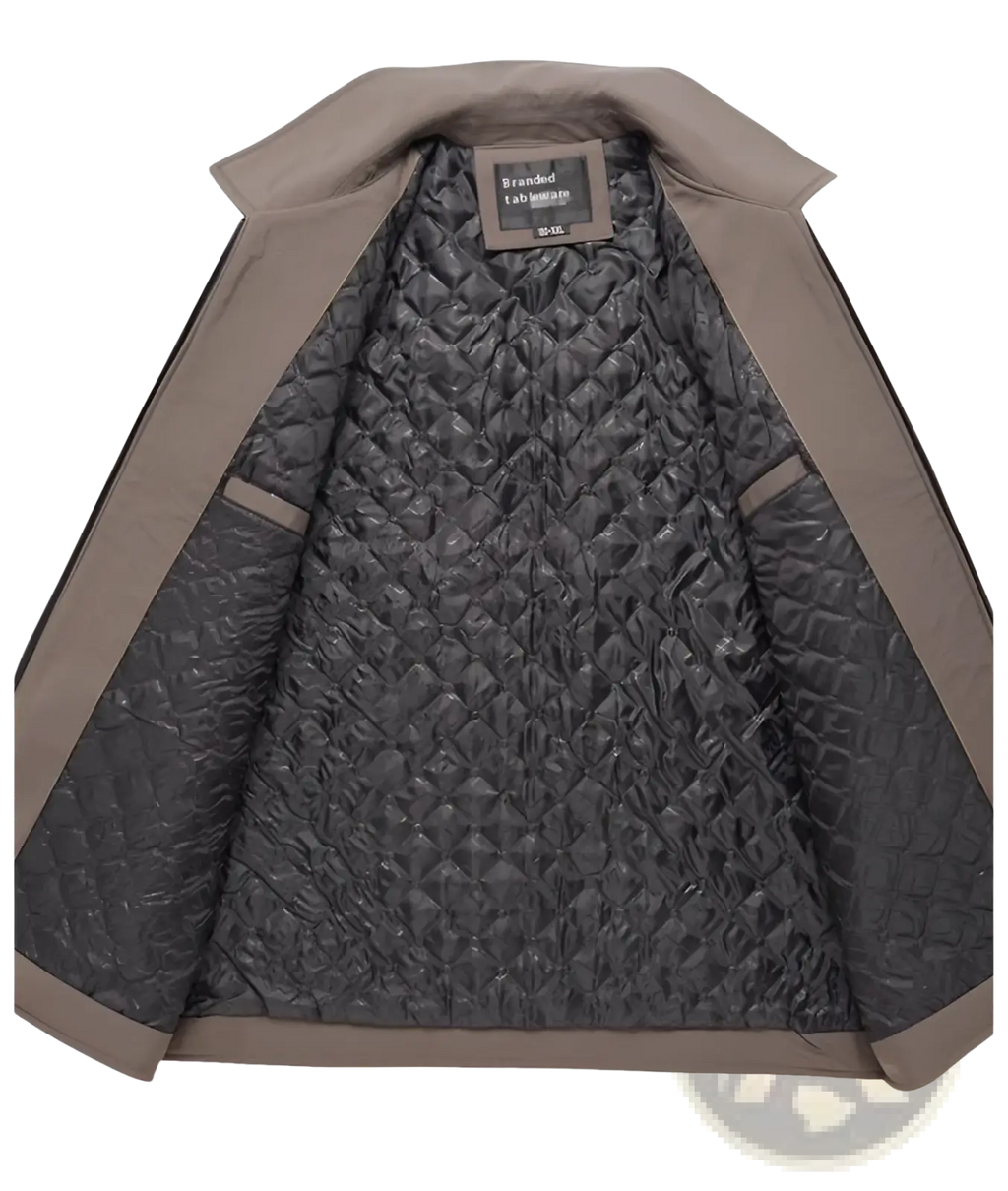 Men casual quilted jacket beige with dark gray diamond-patterned interior lining and fabric trim for autumn outerwear