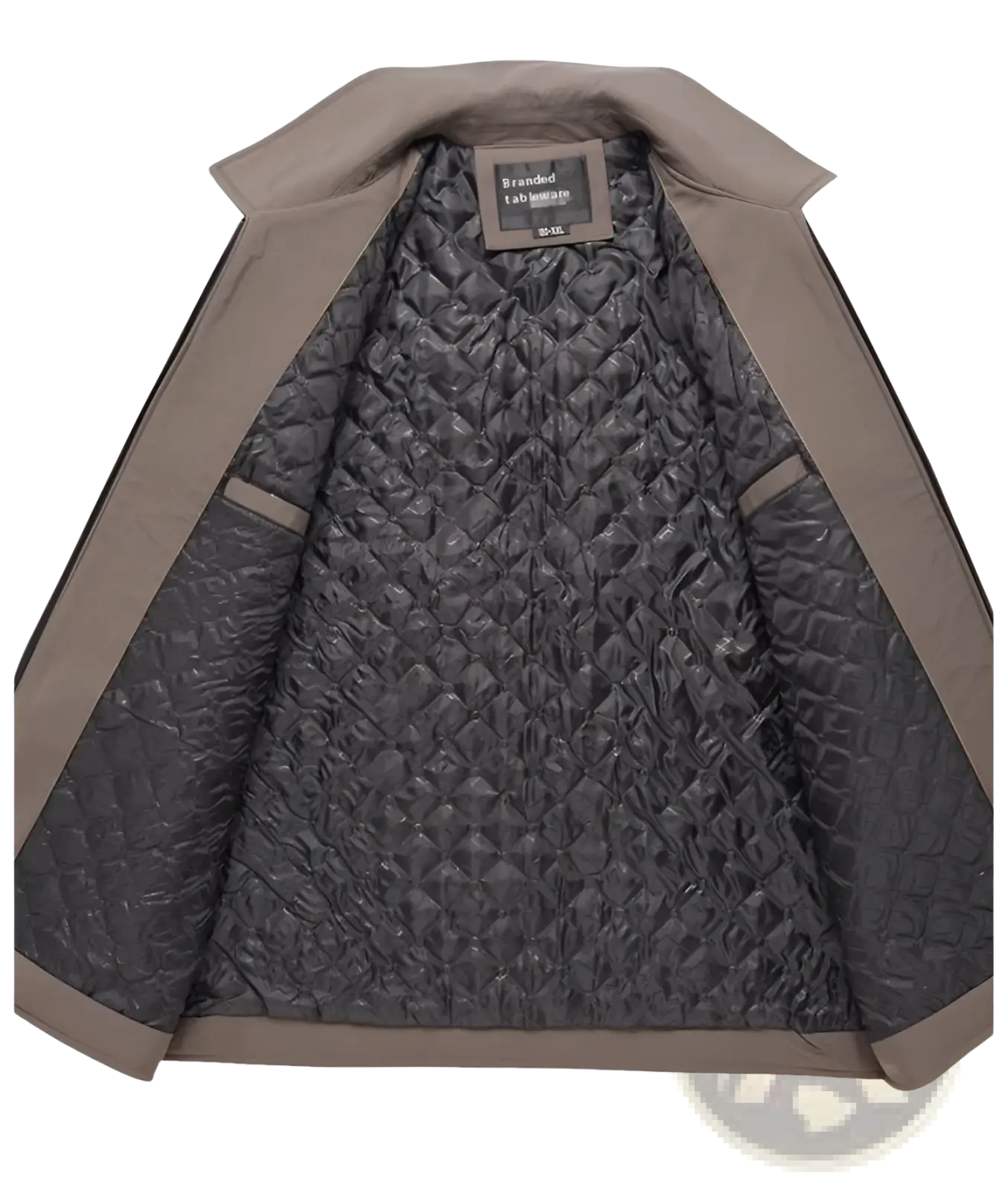Men casual quilted jacket beige with dark gray diamond-patterned interior lining and fabric trim for autumn outerwear