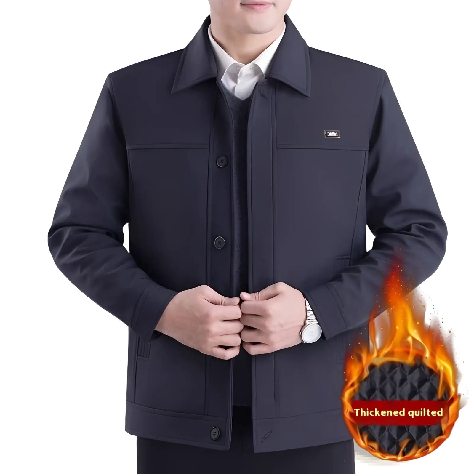 Men casual black quilted jacket with structured collar and front button closure ideal for autumn outerwear