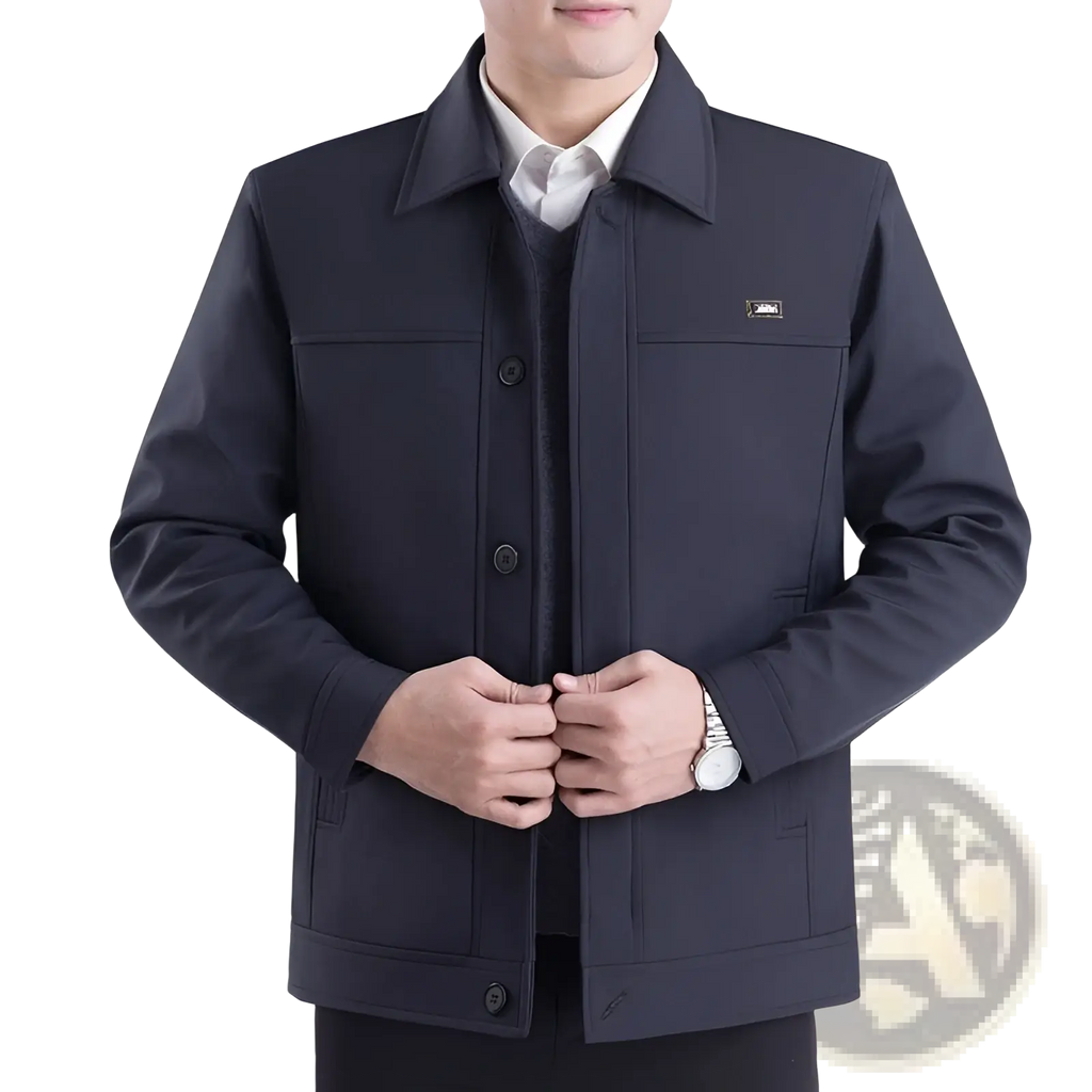 Dark navy blue men’s casual quilted jacket with structured collar and button closure for autumn outerwear
