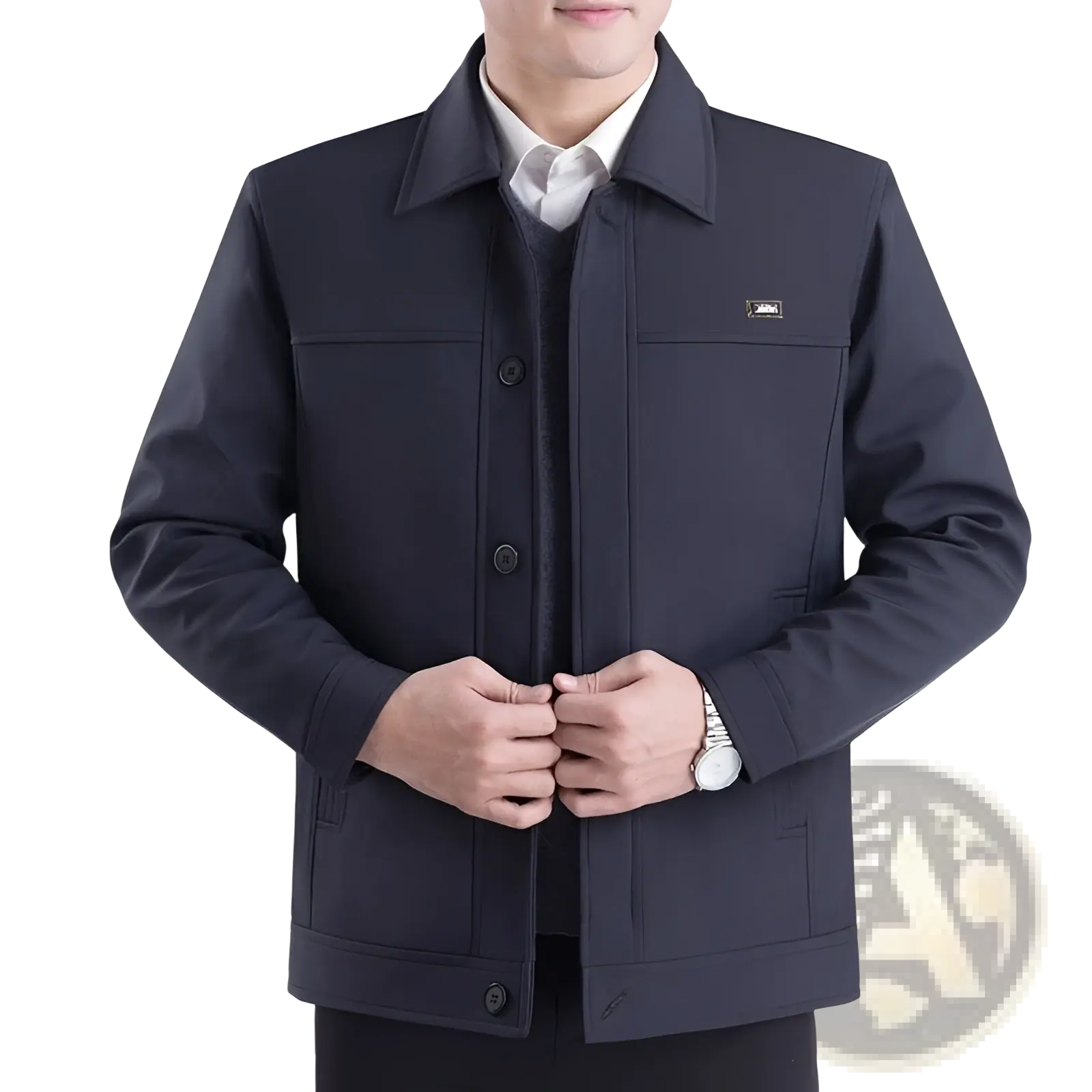 Dark navy blue men’s casual quilted jacket with structured collar and button closure for autumn outerwear