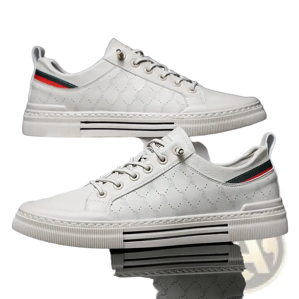 Men casual quilted leather sneakers in white with black and red striped heel tab and chunky white rubber sole