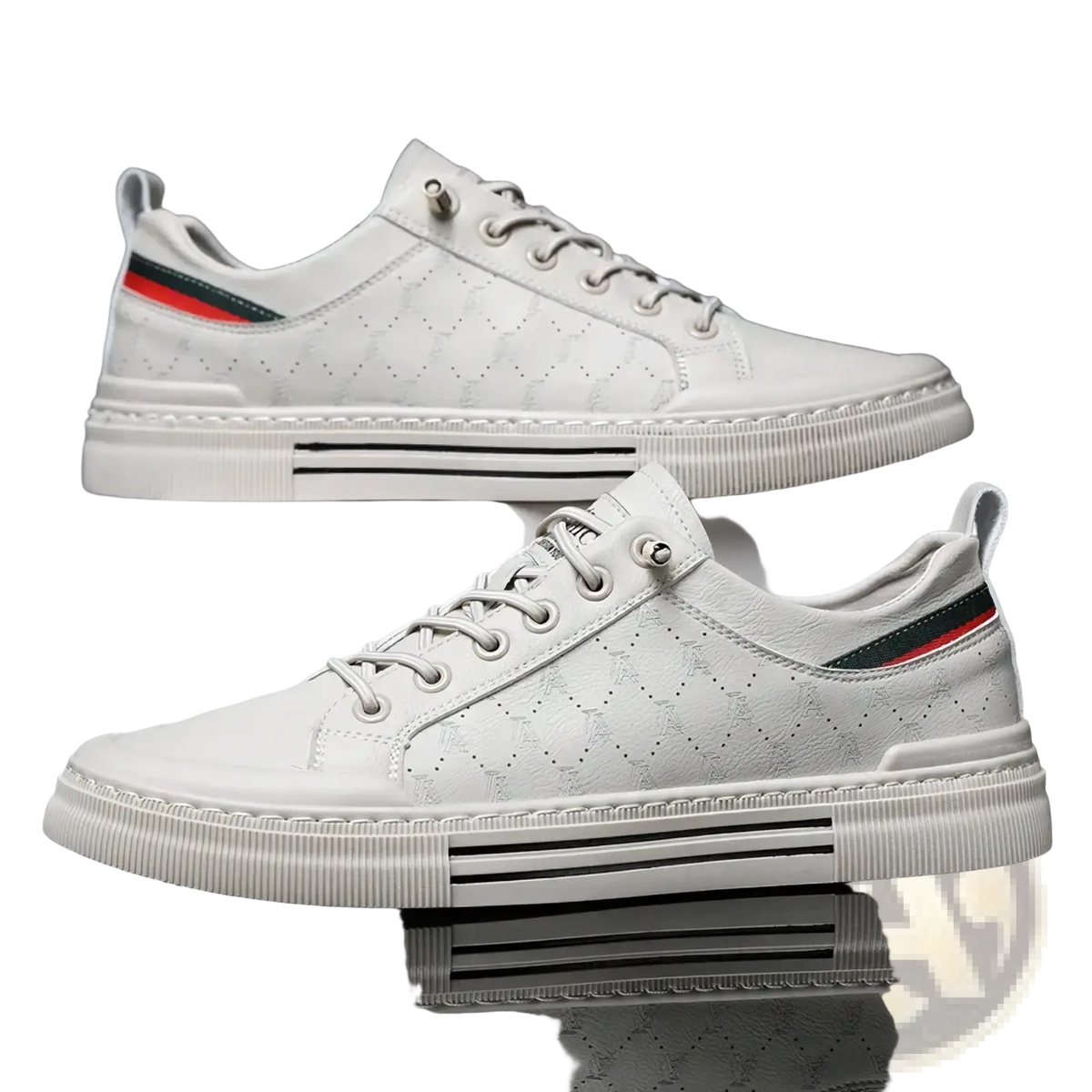 Men casual quilted leather sneakers in white with black and red striped heel tab and chunky white rubber sole