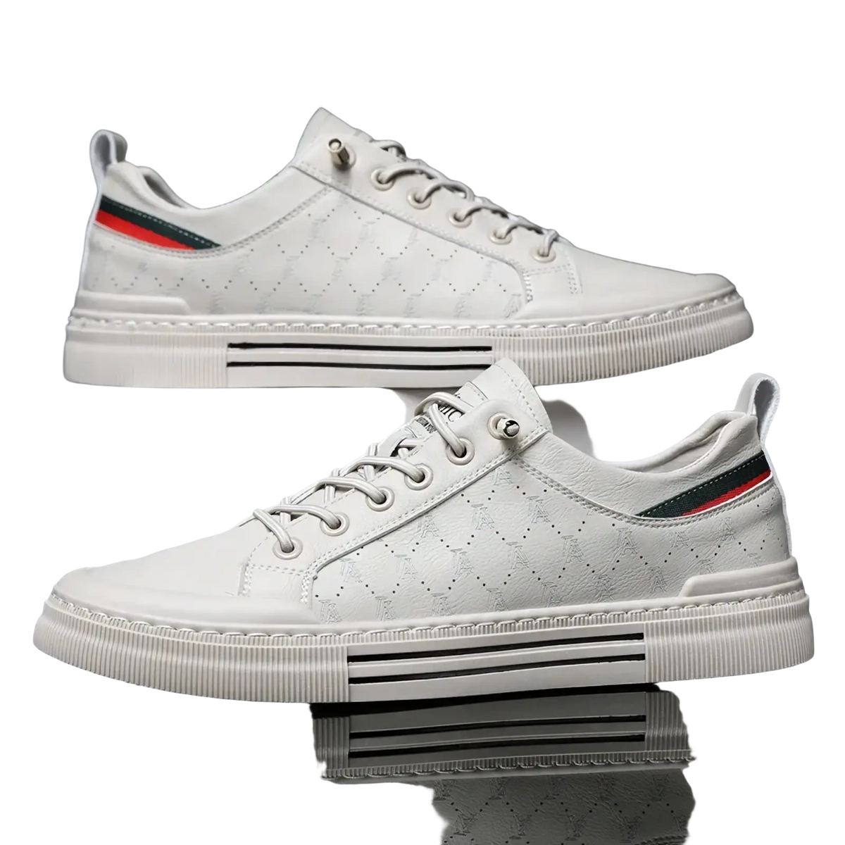 Men casual quilted leather sneakers in white with black and red striped heel tab and chunky white rubber sole