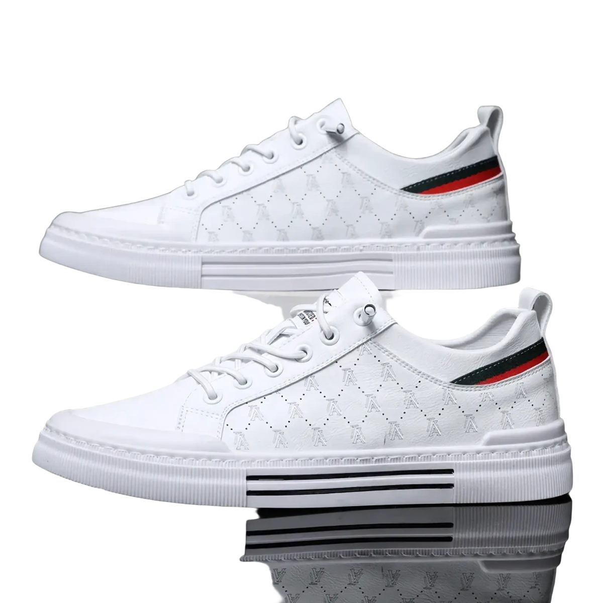 Men casual quilted leather sneakers in white with diamond pattern and red and black striped heel accents shown from the back