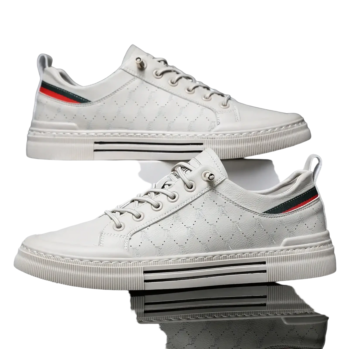 Men casual quilted leather sneakers in white with black and red striped heel tab and chunky white rubber sole