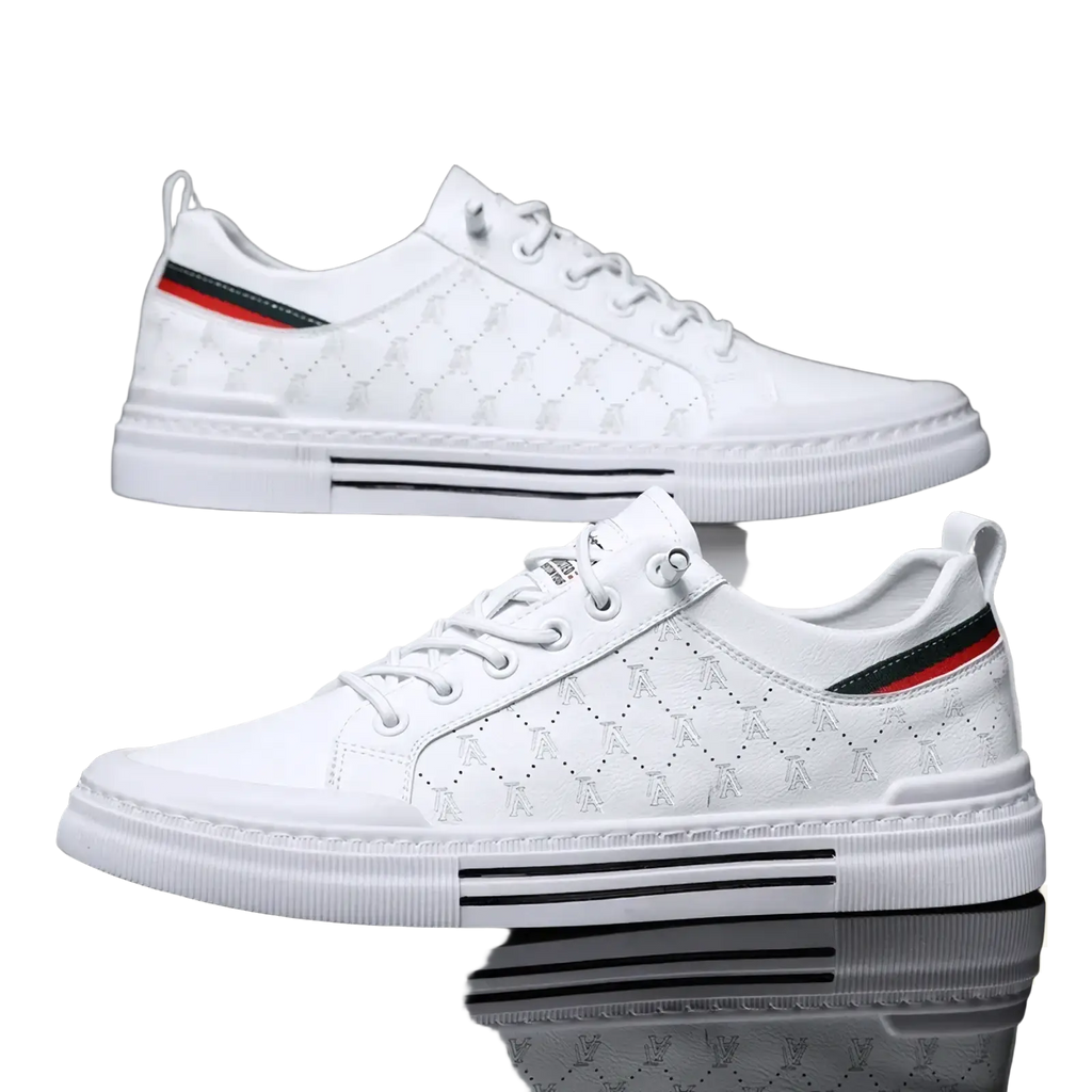 Men casual quilted leather sneakers in white with diamond pattern and red and green striped heel accents