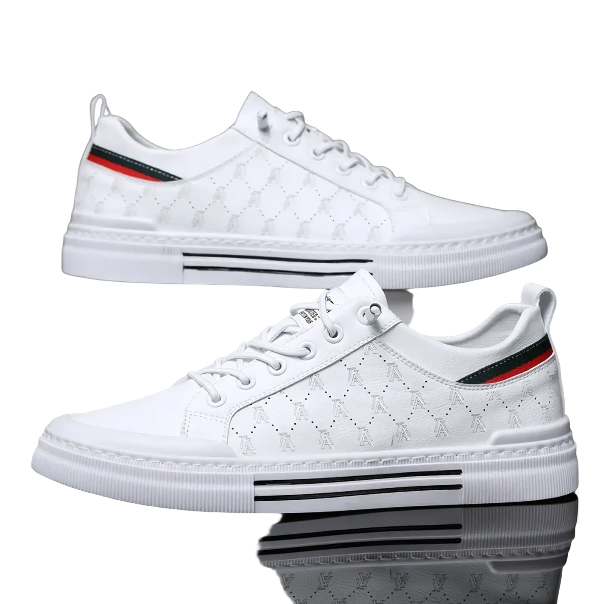 Men casual quilted leather sneakers in white with diamond pattern and red and green striped heel accents