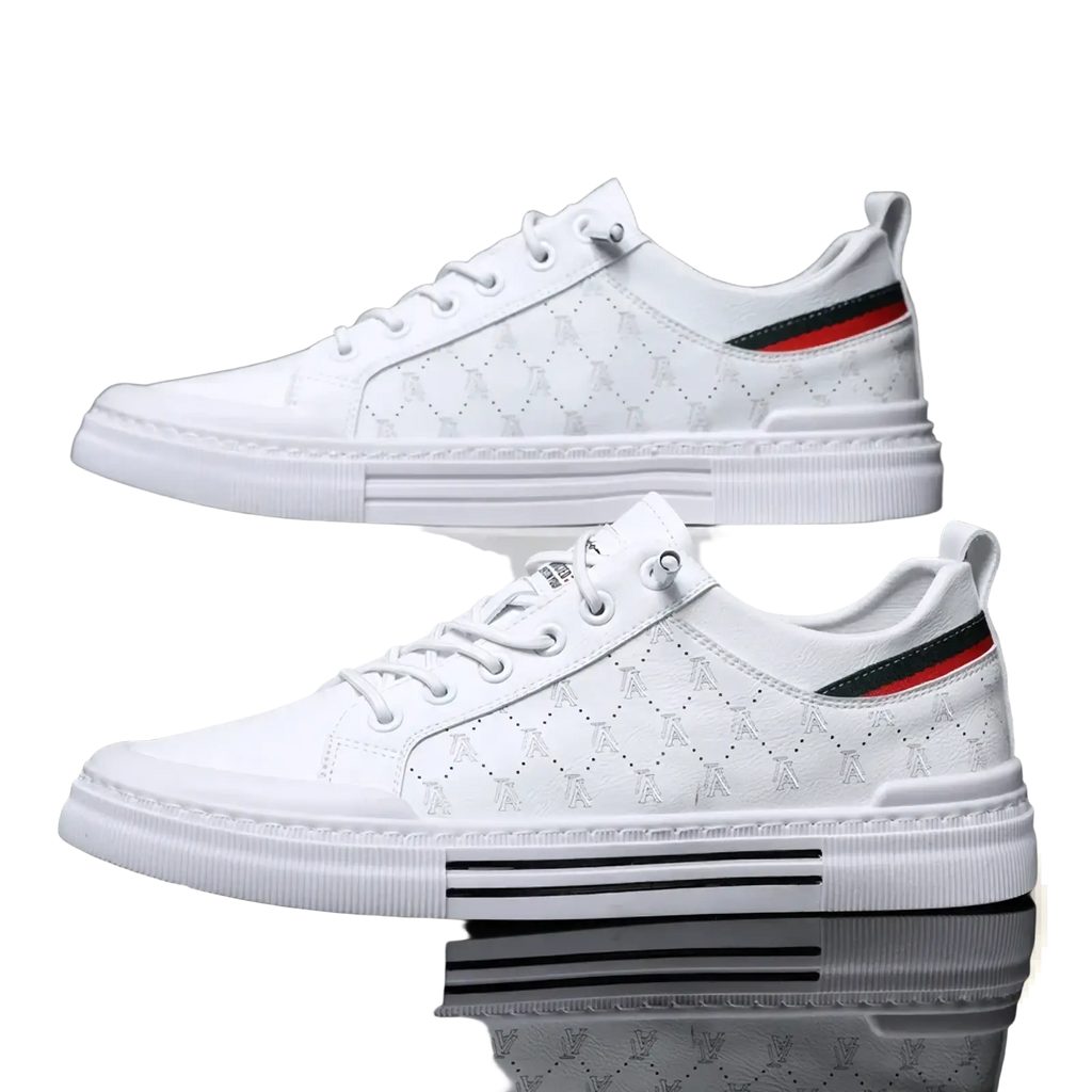 Men casual quilted leather sneakers in white with diamond pattern and red and black striped heel accents shown from the back