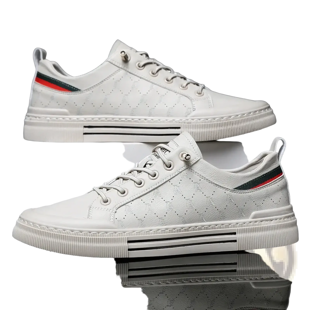 Men casual quilted leather sneakers in white with black and red striped heel tab and chunky white rubber sole