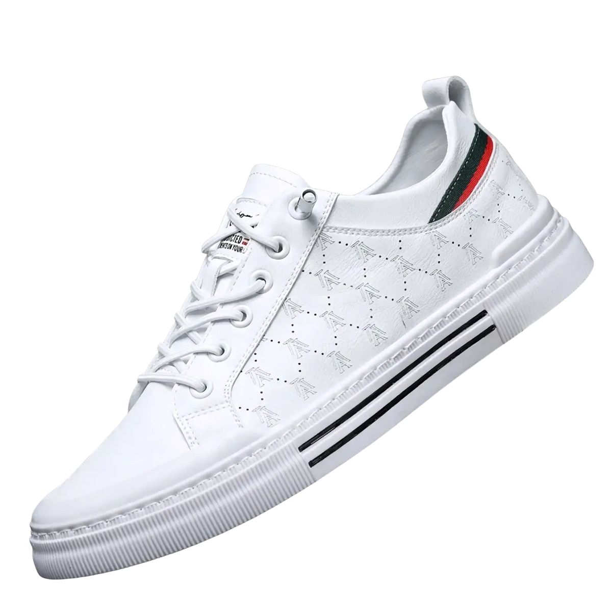Men casual quilted leather sneakers in white with black and green striped heel tab and parallel black side stripes