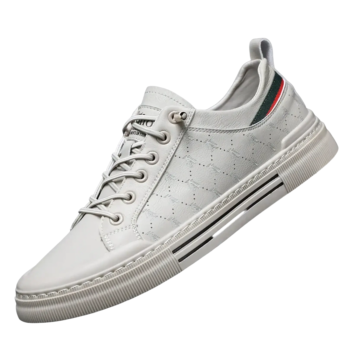 Men casual quilted leather sneakers in white featuring perforated detailing and a striped accent on the heel