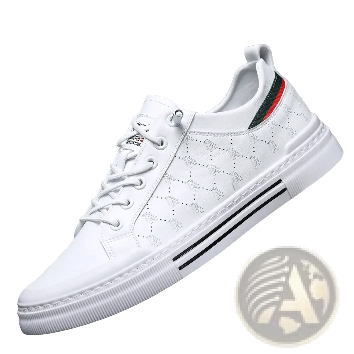 Men casual quilted leather sneakers in white with black and green striped heel tab and parallel black side stripes