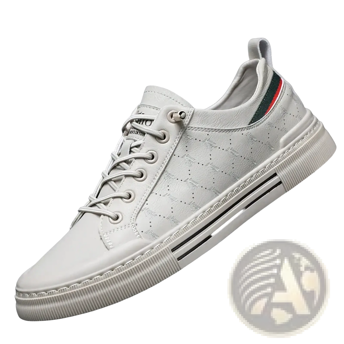 Men casual quilted leather sneakers in white featuring perforated detailing and a striped accent on the heel